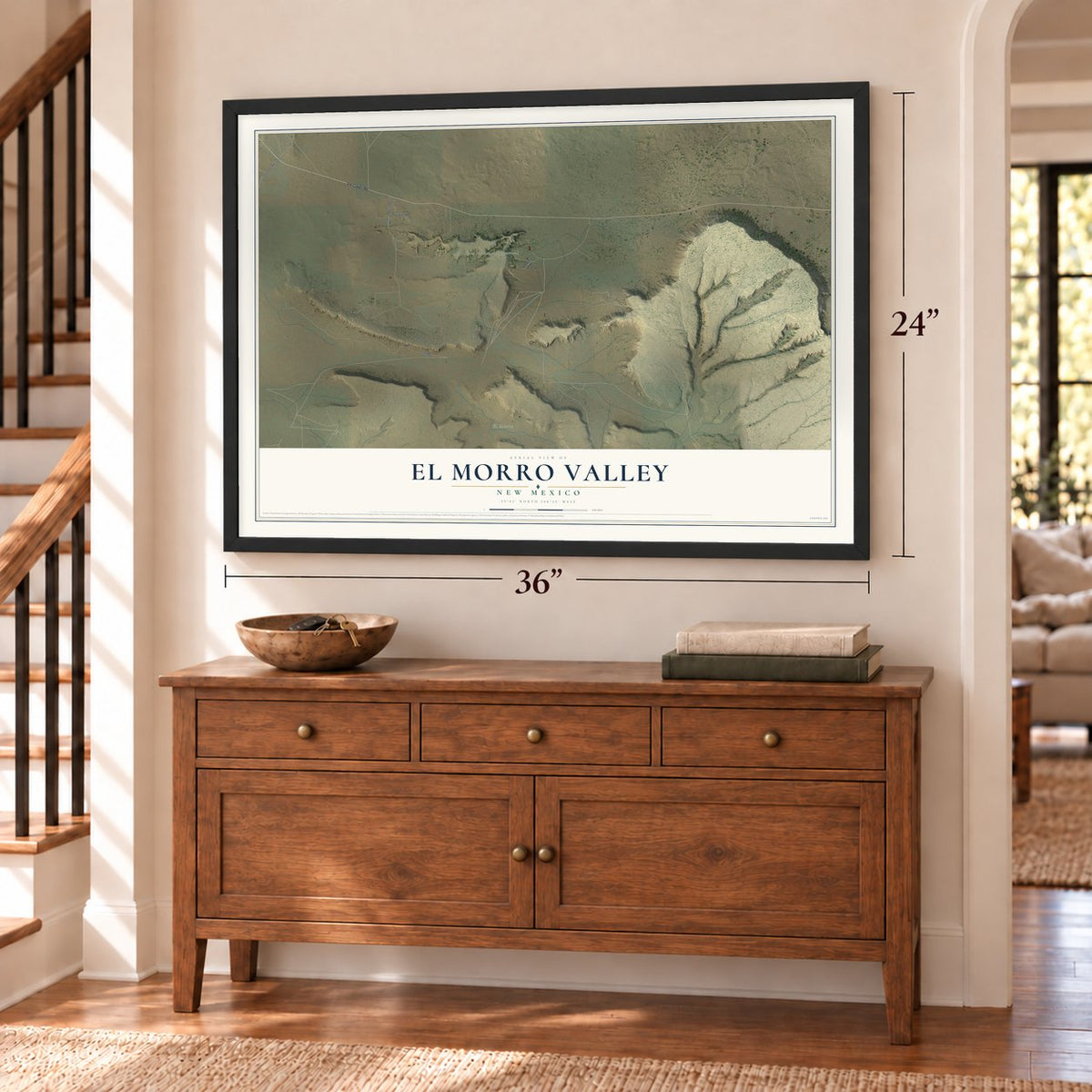 El Morro Valley, New Mexico map, 24 x 36 inch print in a black frame above a dresser by a staircase