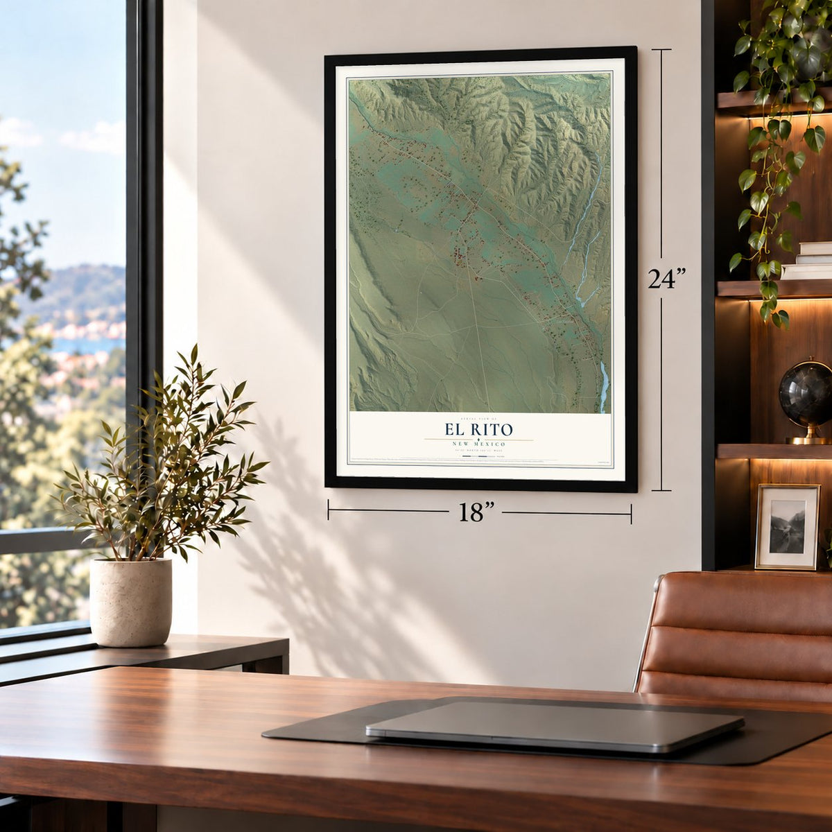 El Rito, New Mexico map, 18 x 24 inch print in a black frame in a home office