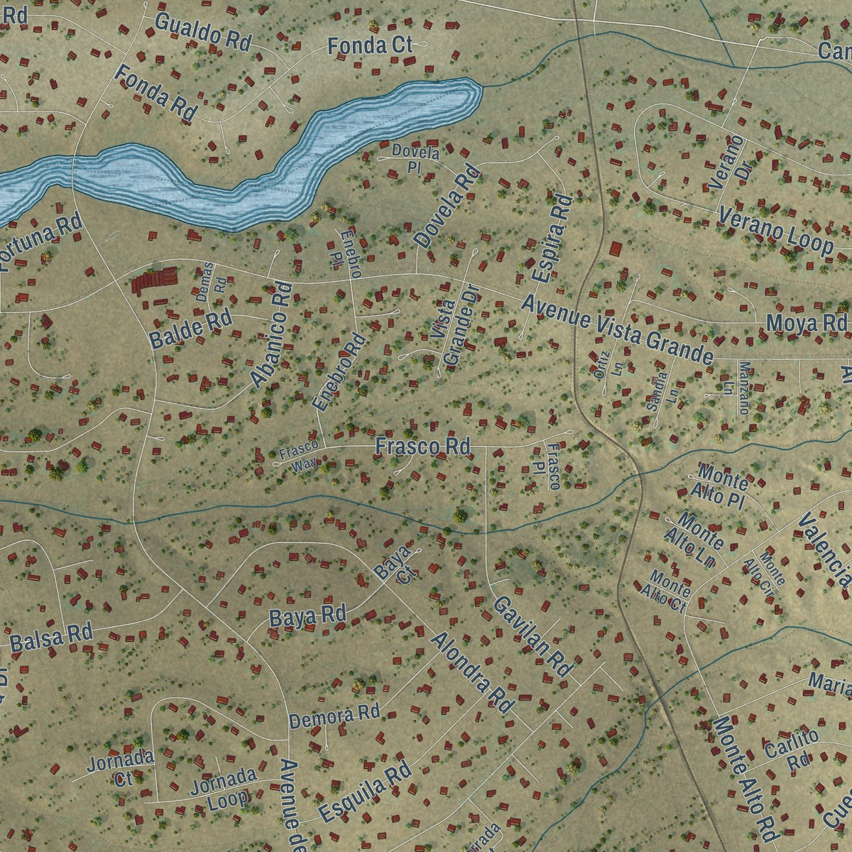 Second close-up of the map of Eldorado at Santa Fe, New Mexico print showing more streets and buildings