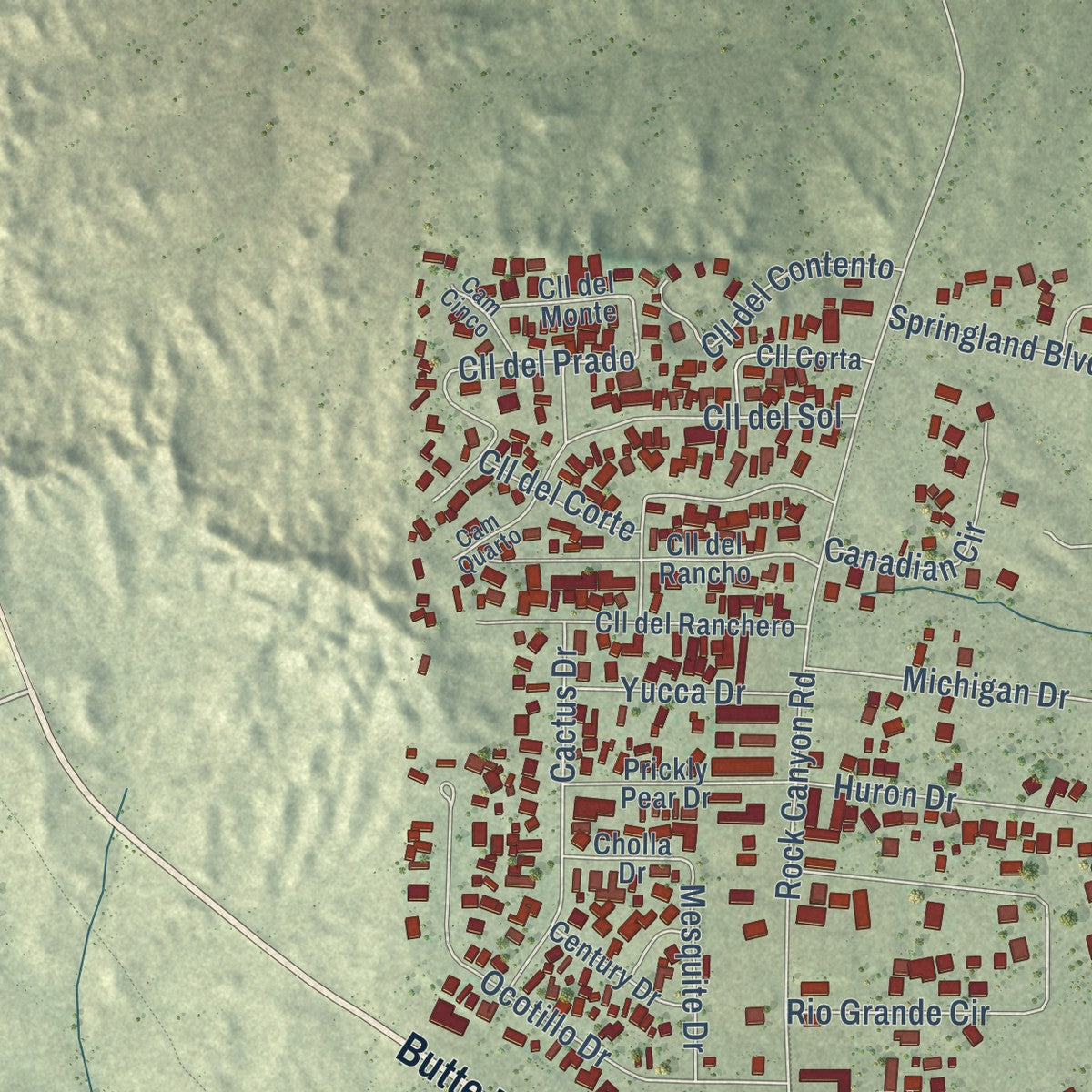 Second close-up of the map of Elephant Butte, New Mexico print showing more streets and buildings
