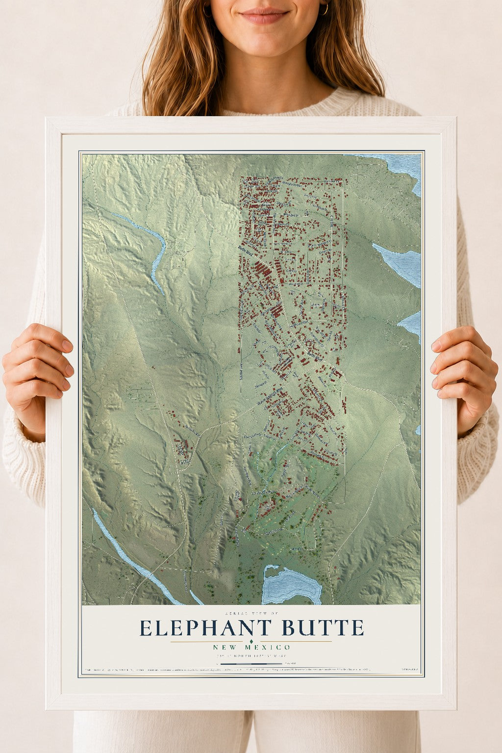 Map of Elephant Butte, New Mexico, 18 x 24 inch print in a white wood frame