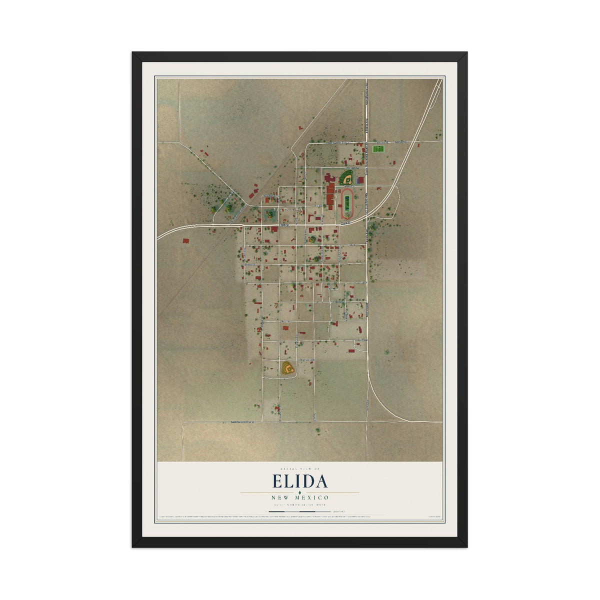 Map of Elida, New Mexico, 12 x 18 inch print in a black wood frame