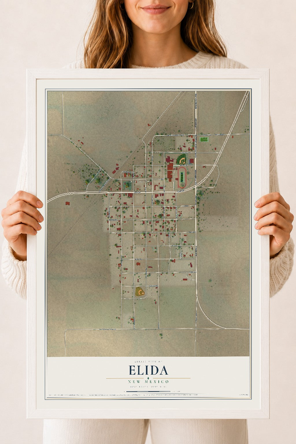 Map of Elida, New Mexico, 18 x 24 inch print in a white wood frame