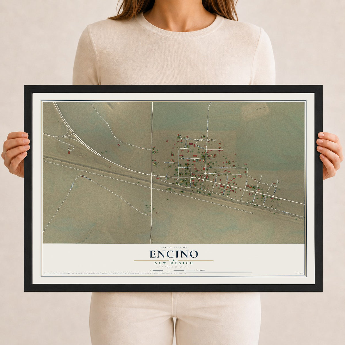 Map of Encino, New Mexico, 12 x 18 inch print in a black wood frame