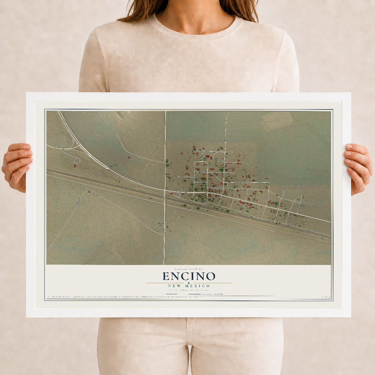 Map of Encino, New Mexico, 12 x 18 inch print in a white wood frame