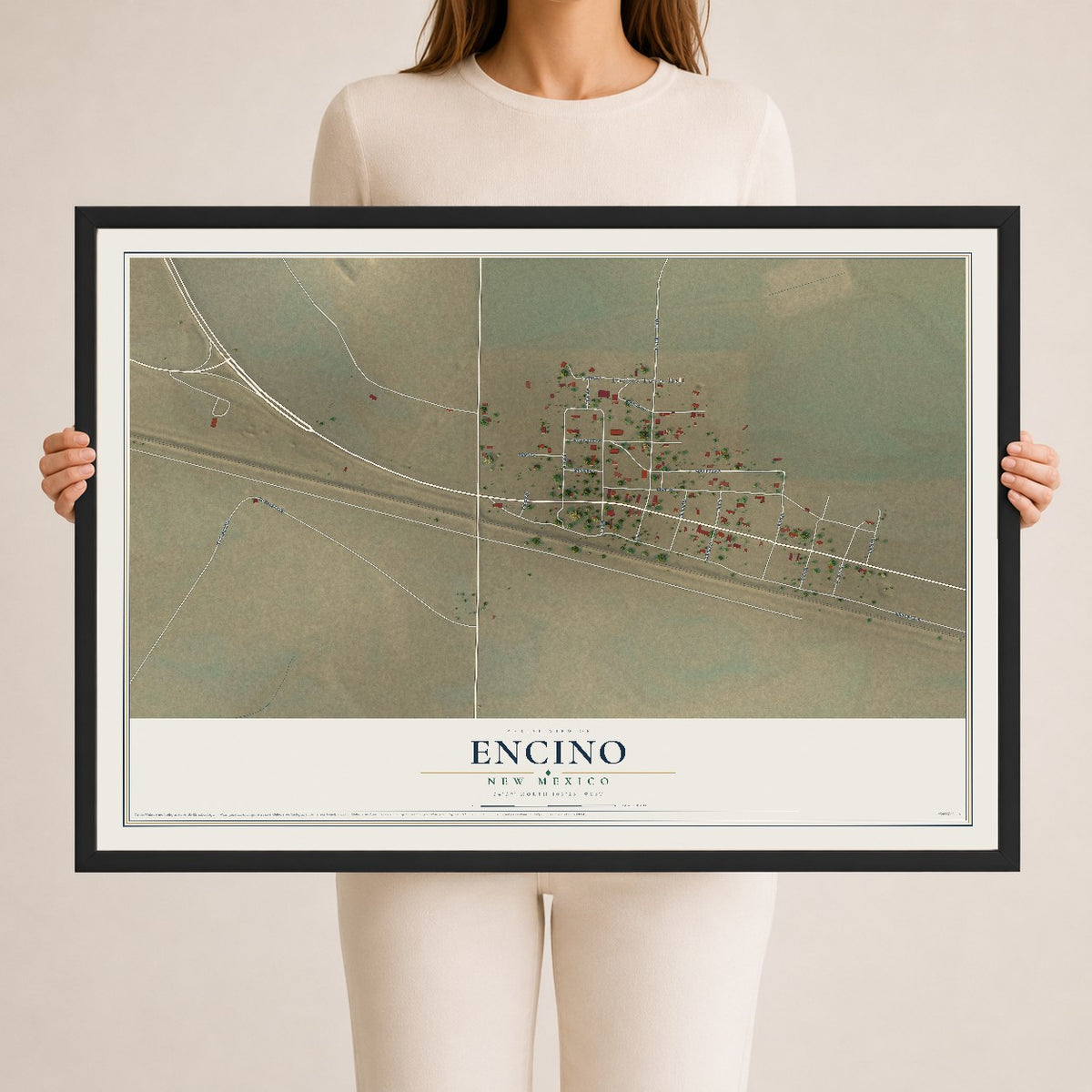 Map of Encino, New Mexico, 24 x 36 inch print in a black wood frame
