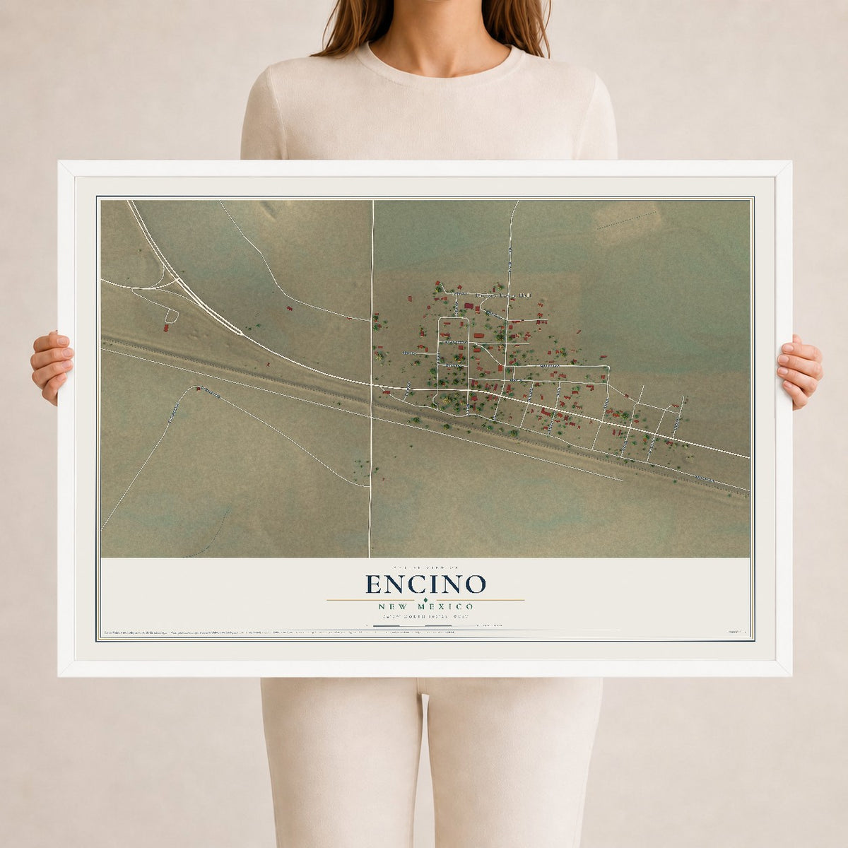 Map of Encino, New Mexico, 24 x 36 inch print in a white wood frame