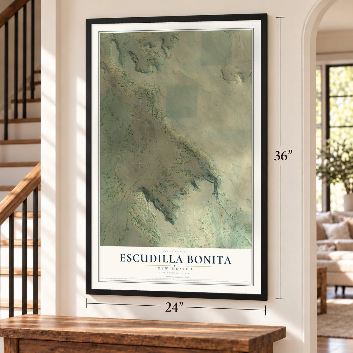 Escudilla Bonita, New Mexico map, 24 x 36 inch print in a black frame by a staircase