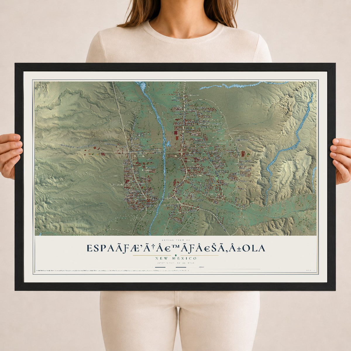 Map of Española, New Mexico, 18 x 24 inch print in a black wood frame