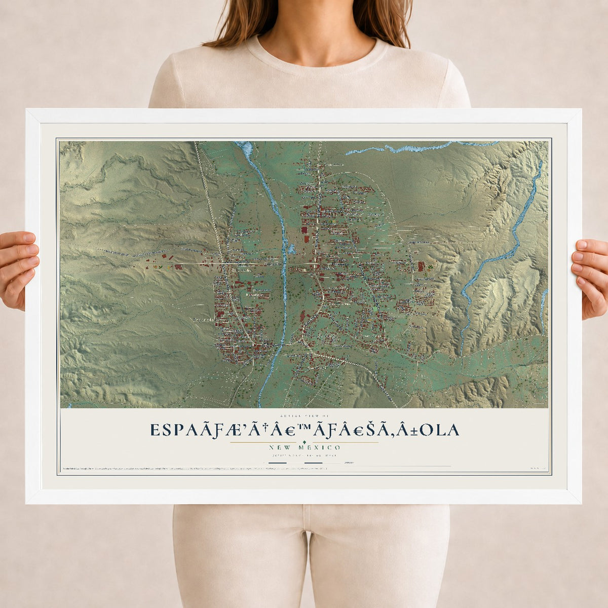 Map of Española, New Mexico, 18 x 24 inch print in a white wood frame