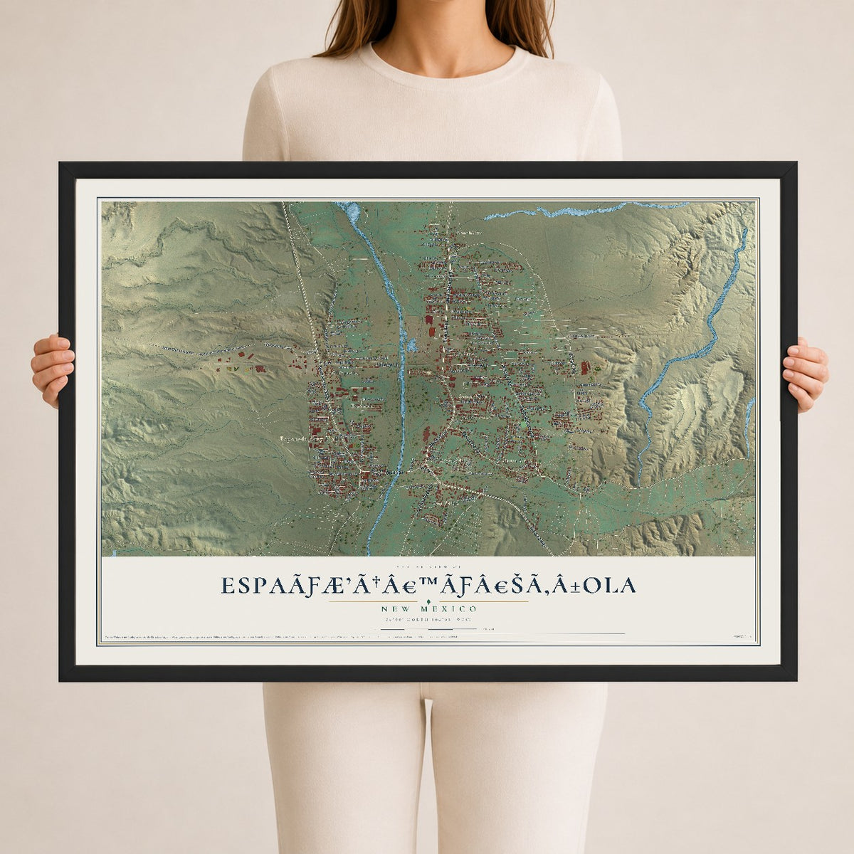 Map of Española, New Mexico, 24 x 36 inch print in a black wood frame