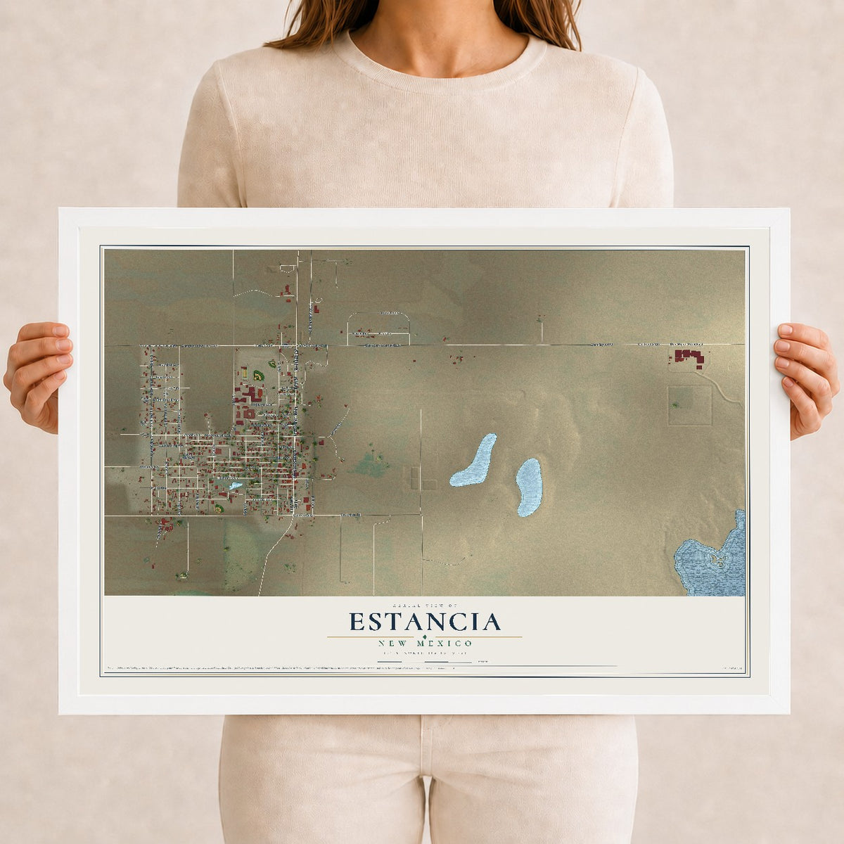 Map of Estancia, New Mexico, 12 x 18 inch print in a white wood frame