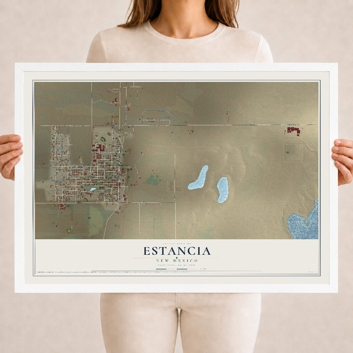 Map of Estancia, New Mexico, 18 x 24 inch print in a white wood frame