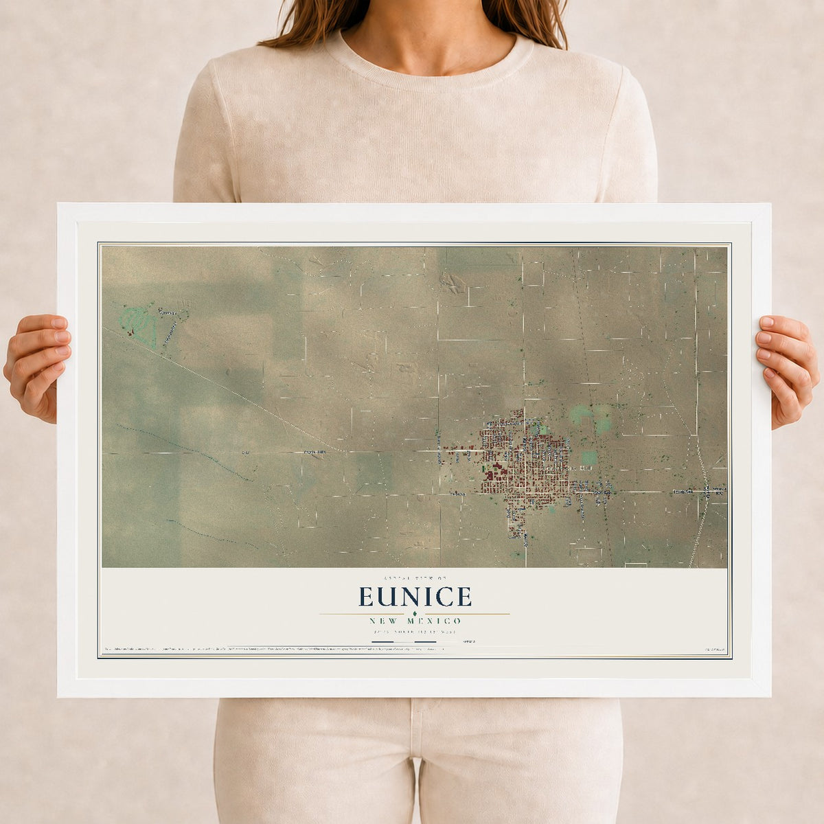 Map of Eunice, New Mexico, 12 x 18 inch print in a white wood frame