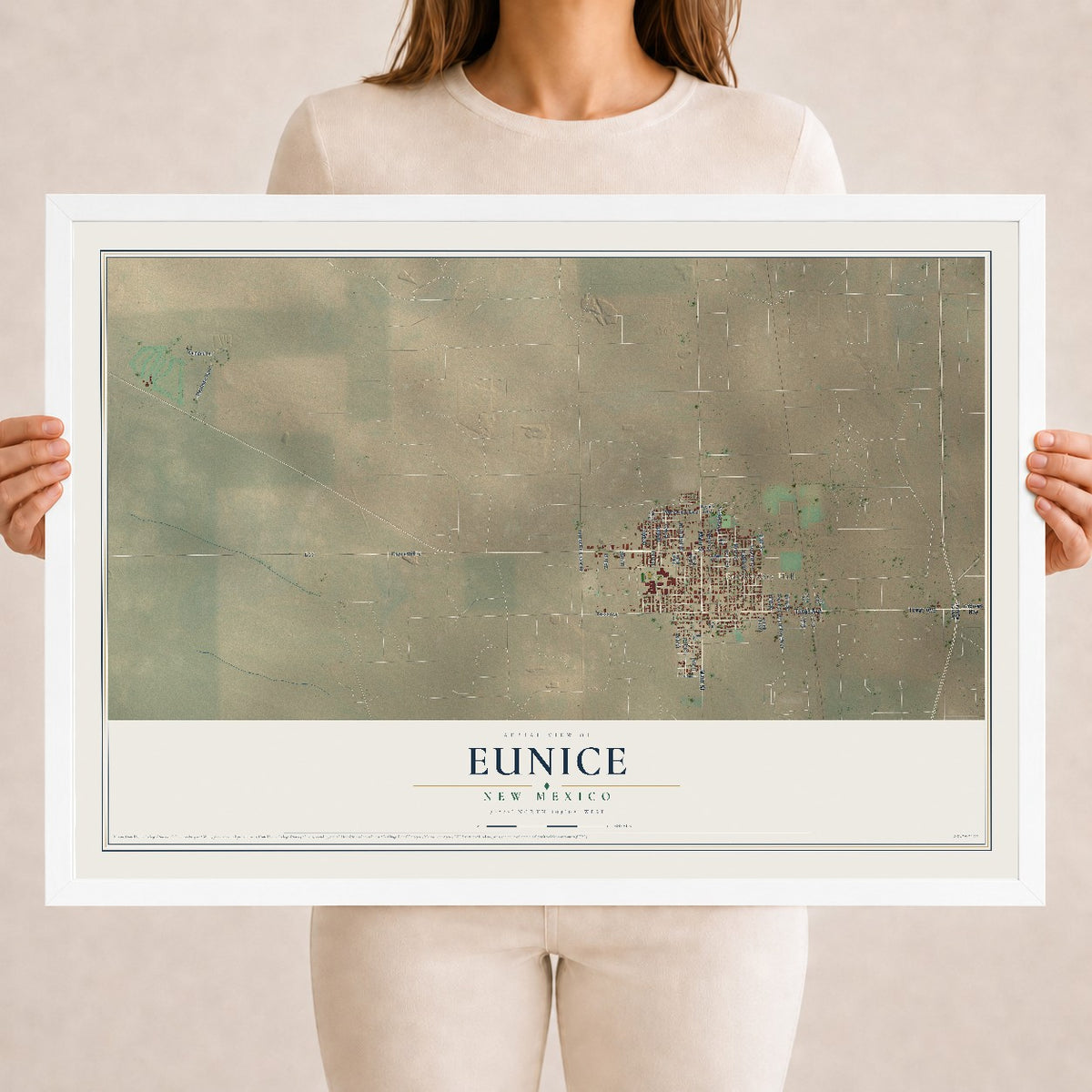Map of Eunice, New Mexico, 18 x 24 inch print in a white wood frame