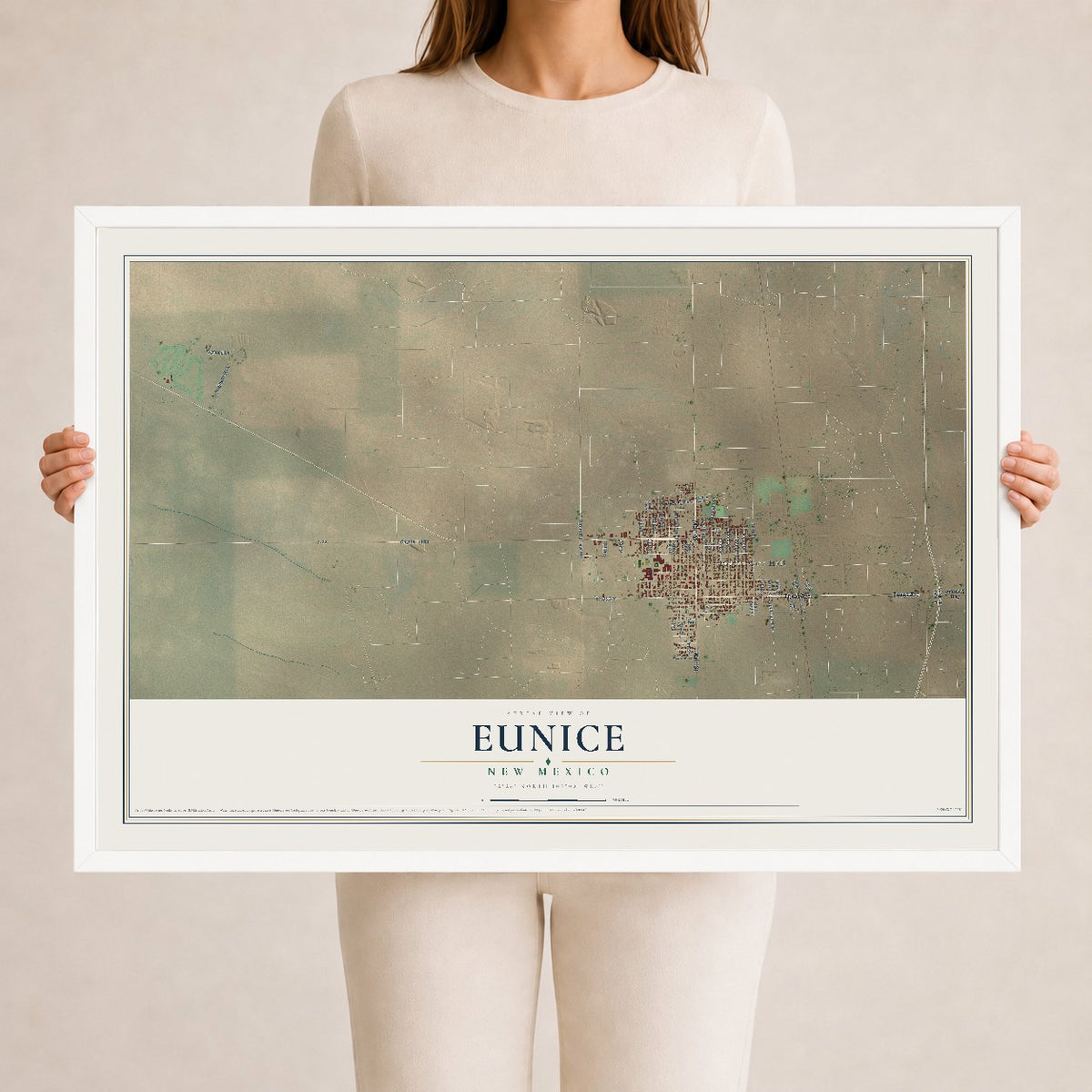 Map of Eunice, New Mexico, 24 x 36 inch print in a white wood frame