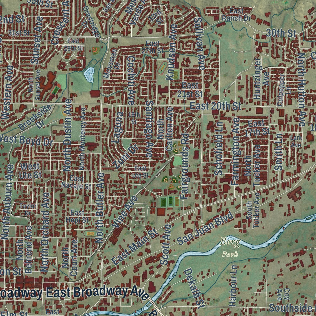 Close-up of the map of Farmington, New Mexico print showing street and building detail
