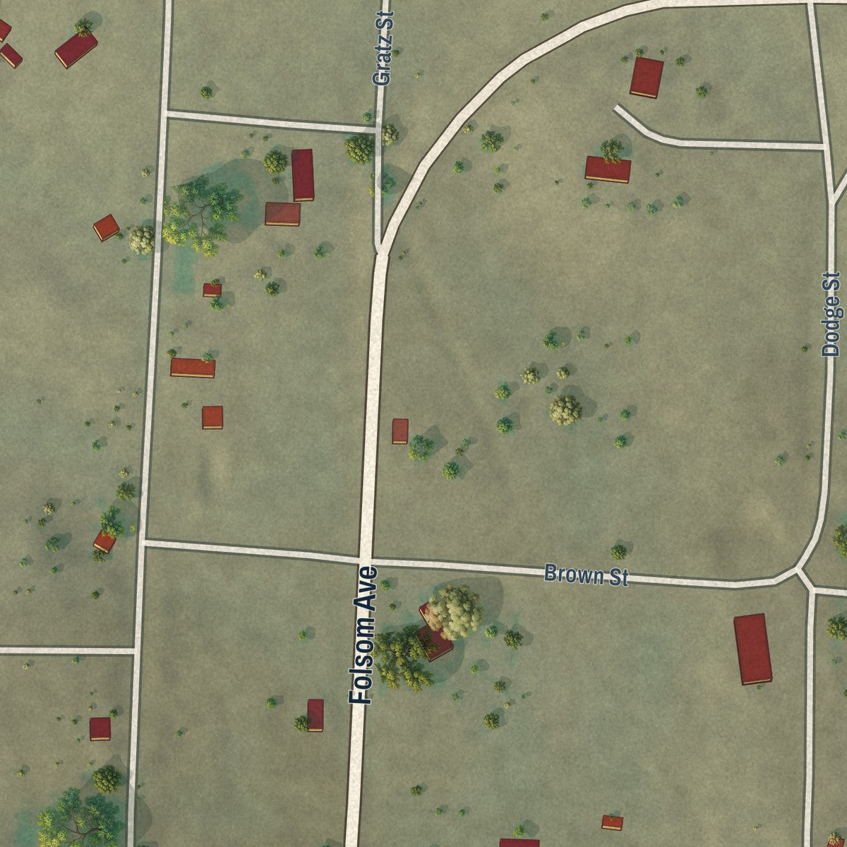 Second close-up of the map of Folsom, New Mexico print showing more streets and buildings