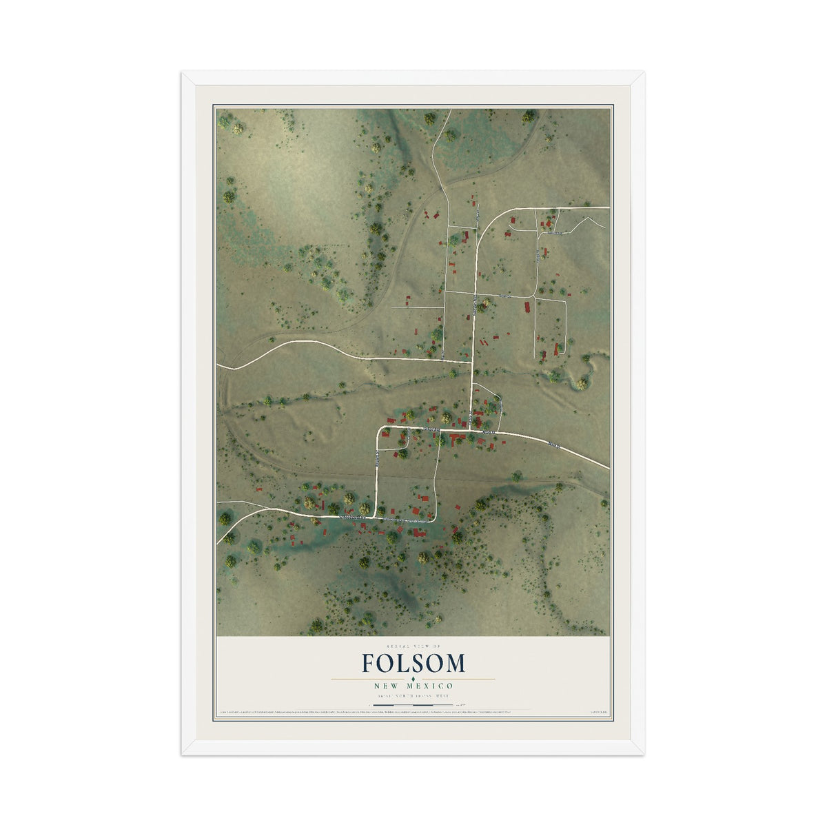 Map of Folsom, New Mexico, 12 x 18 inch print in a white wood frame