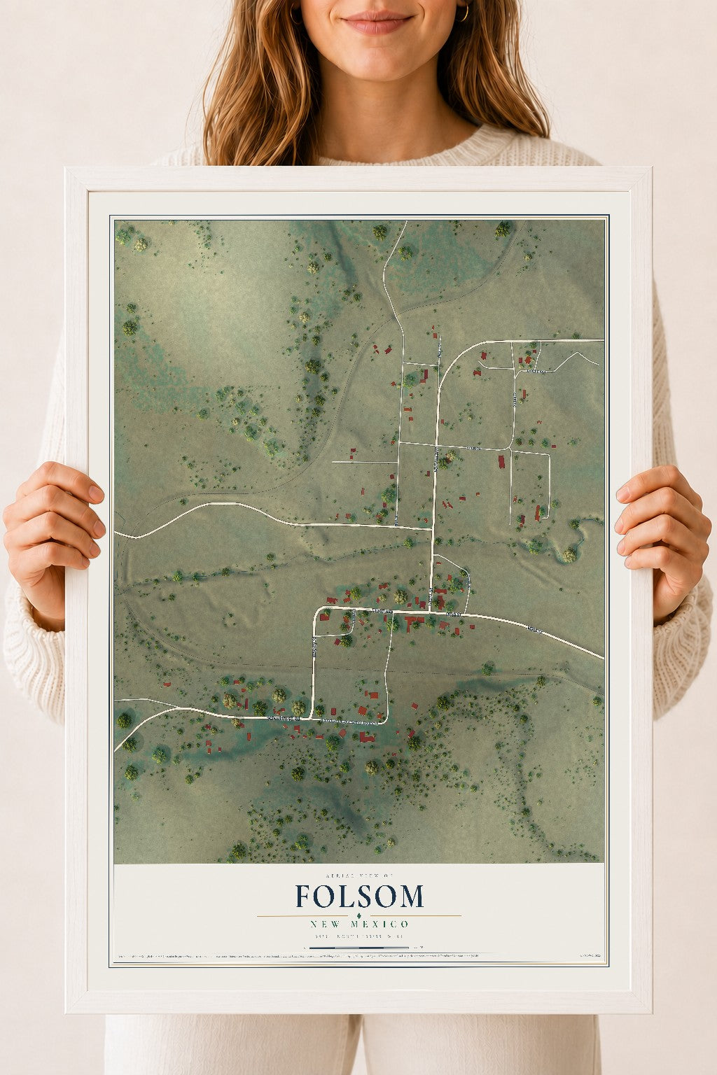 Map of Folsom, New Mexico, 18 x 24 inch print in a white wood frame