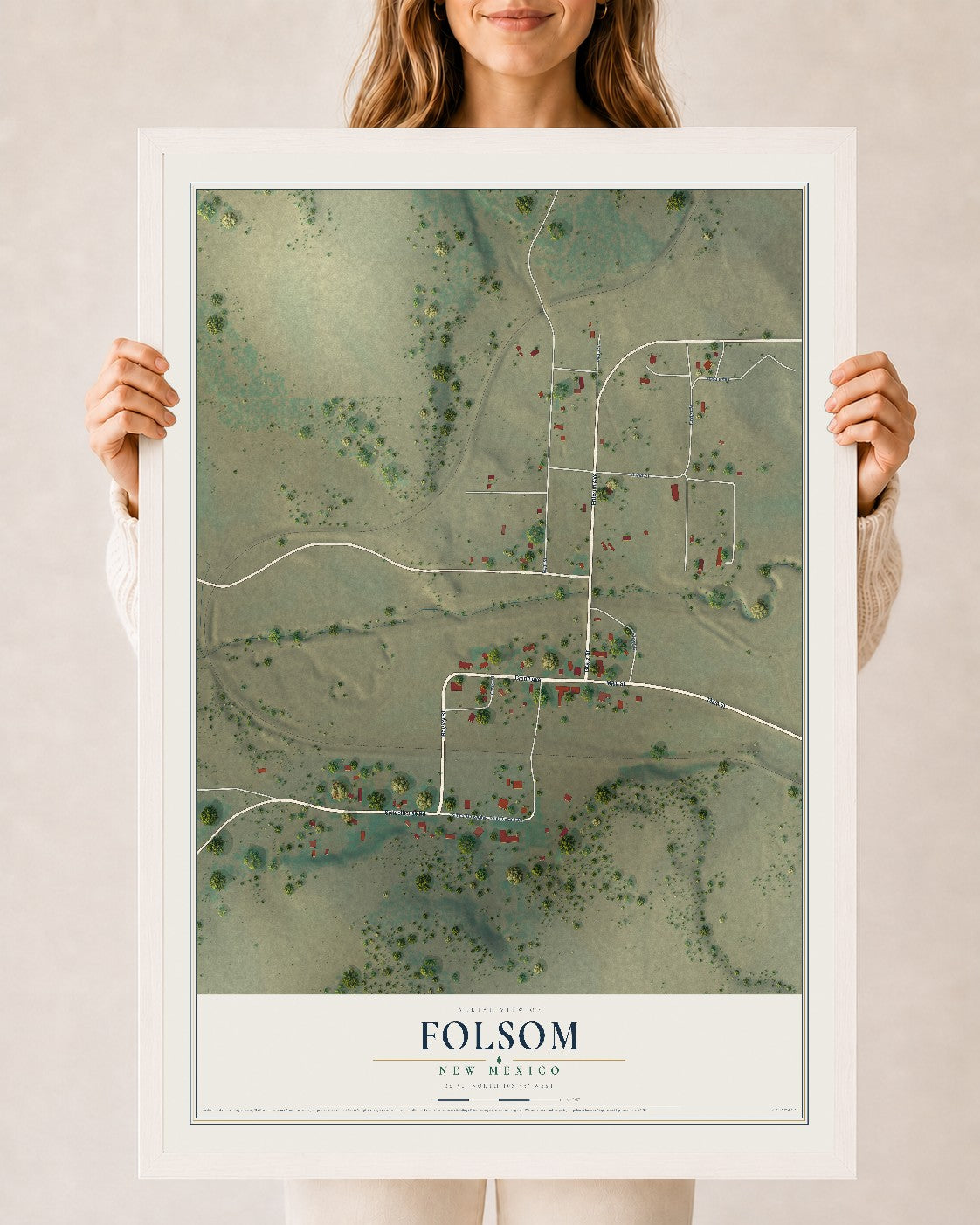 Map of Folsom, New Mexico, 24 x 36 inch print in a white wood frame