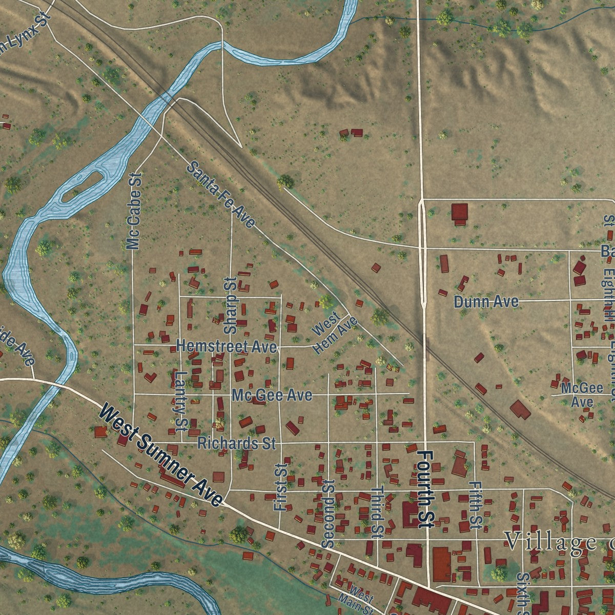 Close-up of the map of Fort Sumner, New Mexico print showing street and building detail
