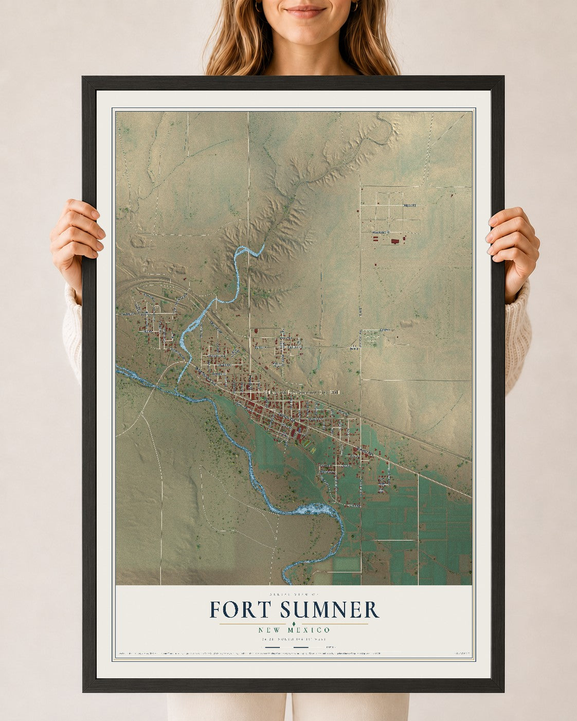 Map of Fort Sumner, New Mexico, 24 x 36 inch print in a black wood frame