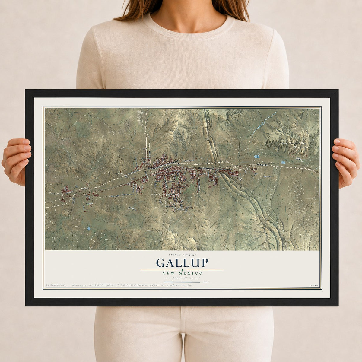 Map of Gallup, New Mexico, 12 x 18 inch print in a black wood frame
