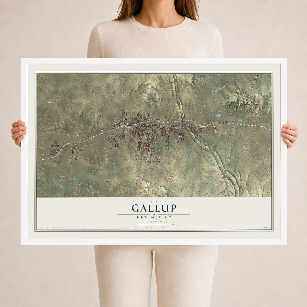 Map of Gallup, New Mexico, 24 x 36 inch print in a white wood frame