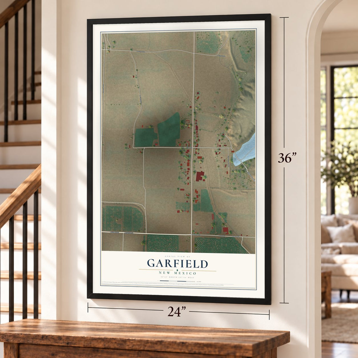 Garfield, New Mexico map, 24 x 36 inch print in a black frame by a staircase