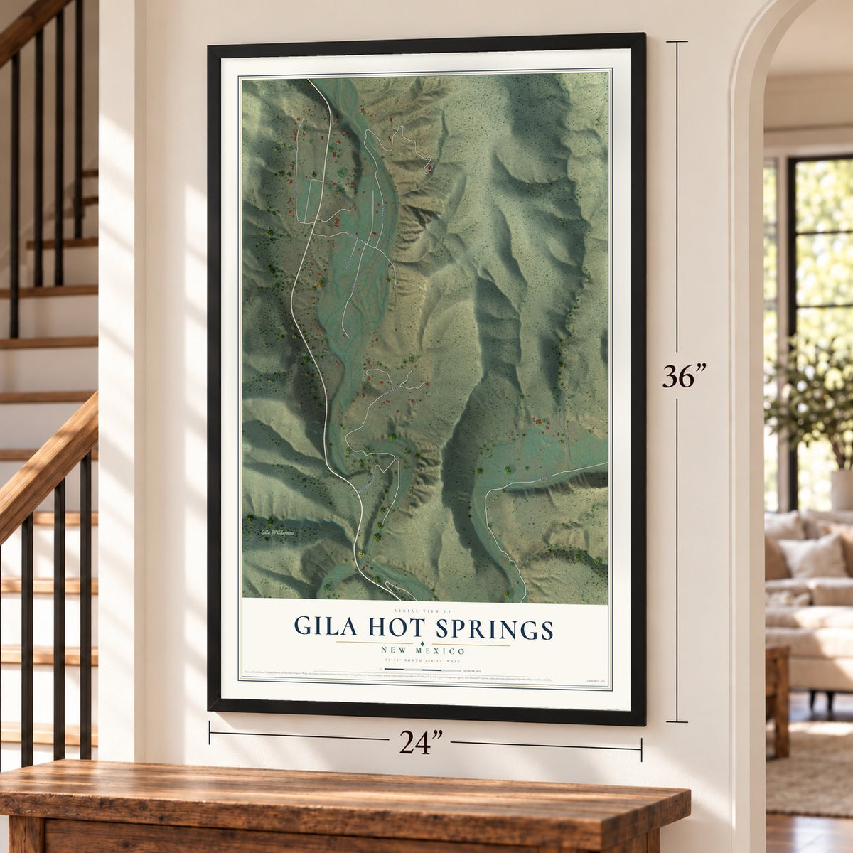 Gila Hot Springs, New Mexico map, 24 x 36 inch print in a black frame by a staircase