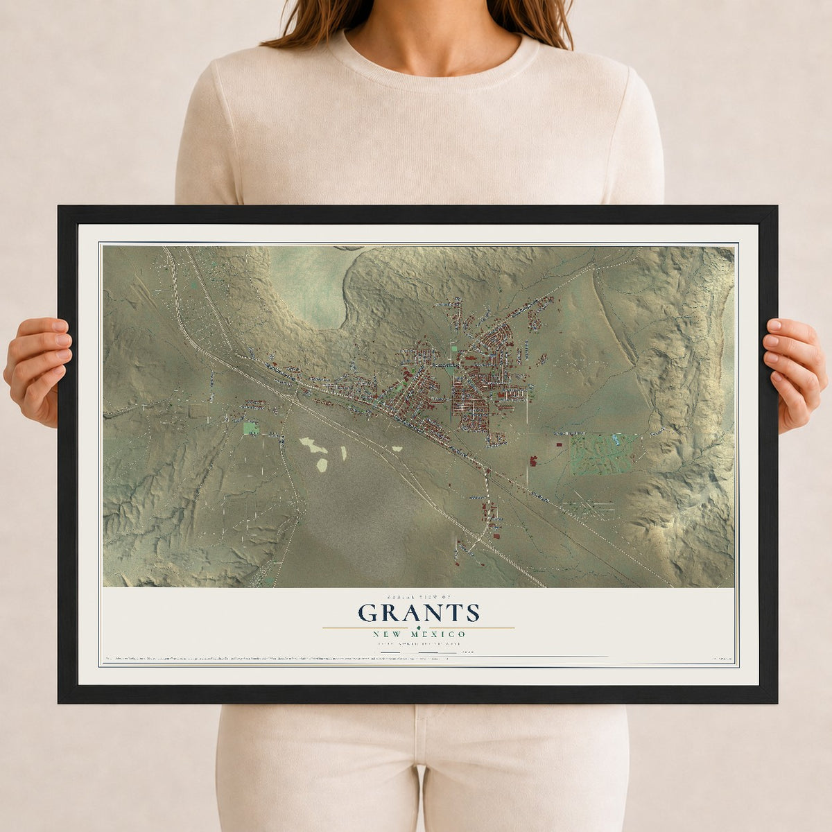 Map of Grants, New Mexico, 12 x 18 inch print in a black wood frame