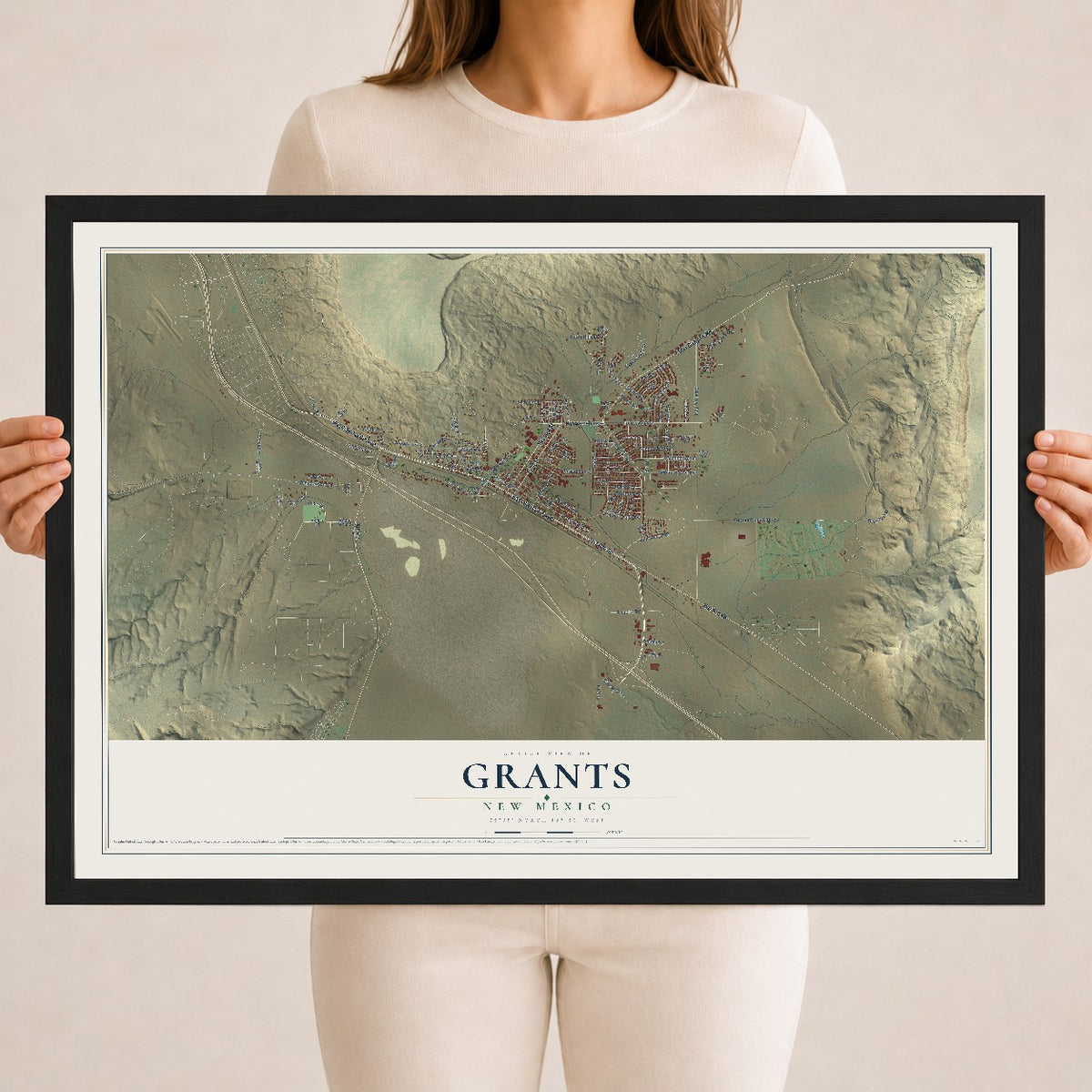 Map of Grants, New Mexico, 18 x 24 inch print in a black wood frame