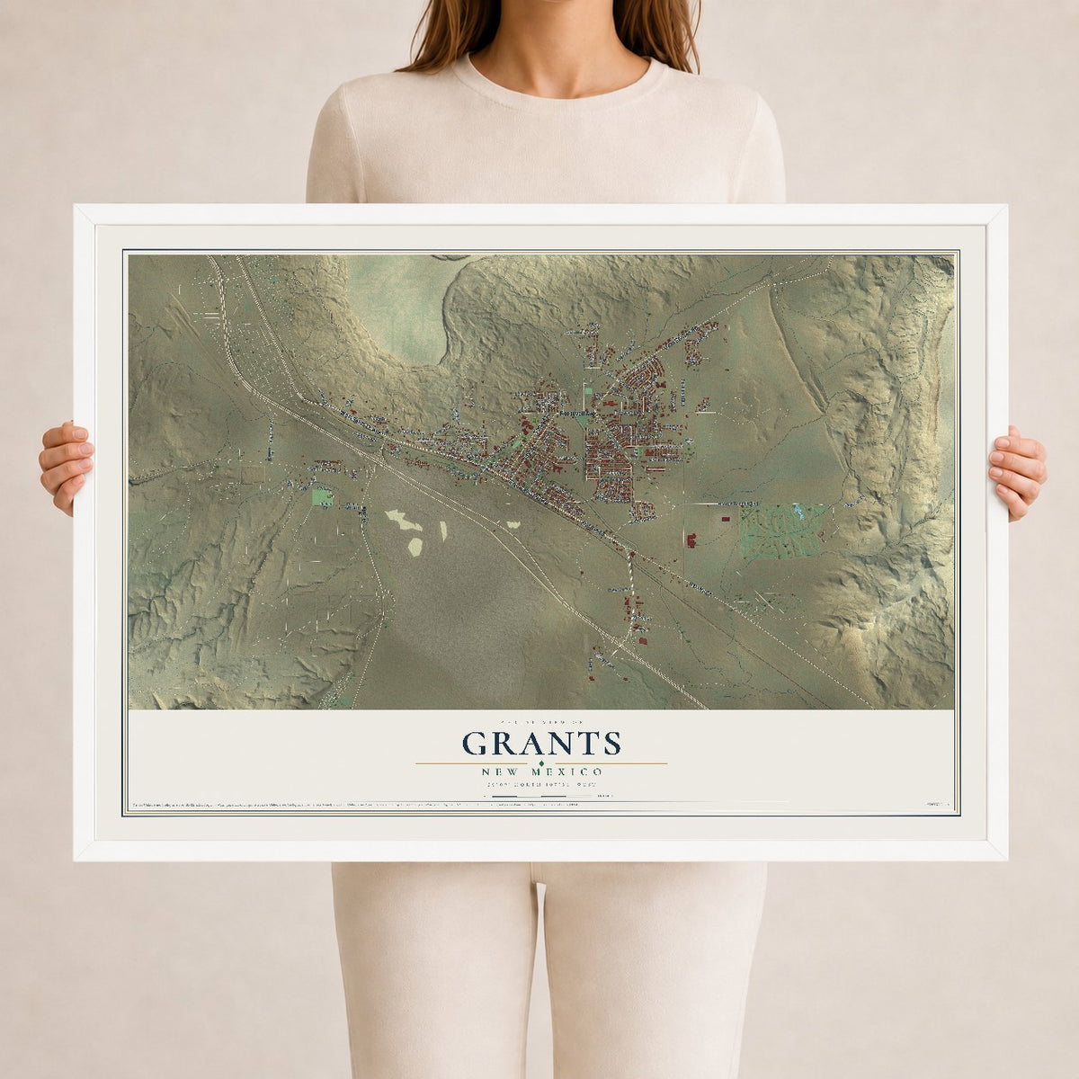 Map of Grants, New Mexico, 24 x 36 inch print in a white wood frame
