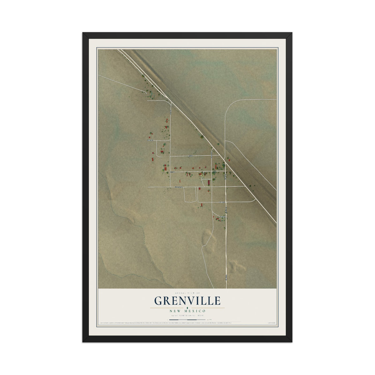 Map of Grenville, New Mexico, 12 x 18 inch print in a black wood frame