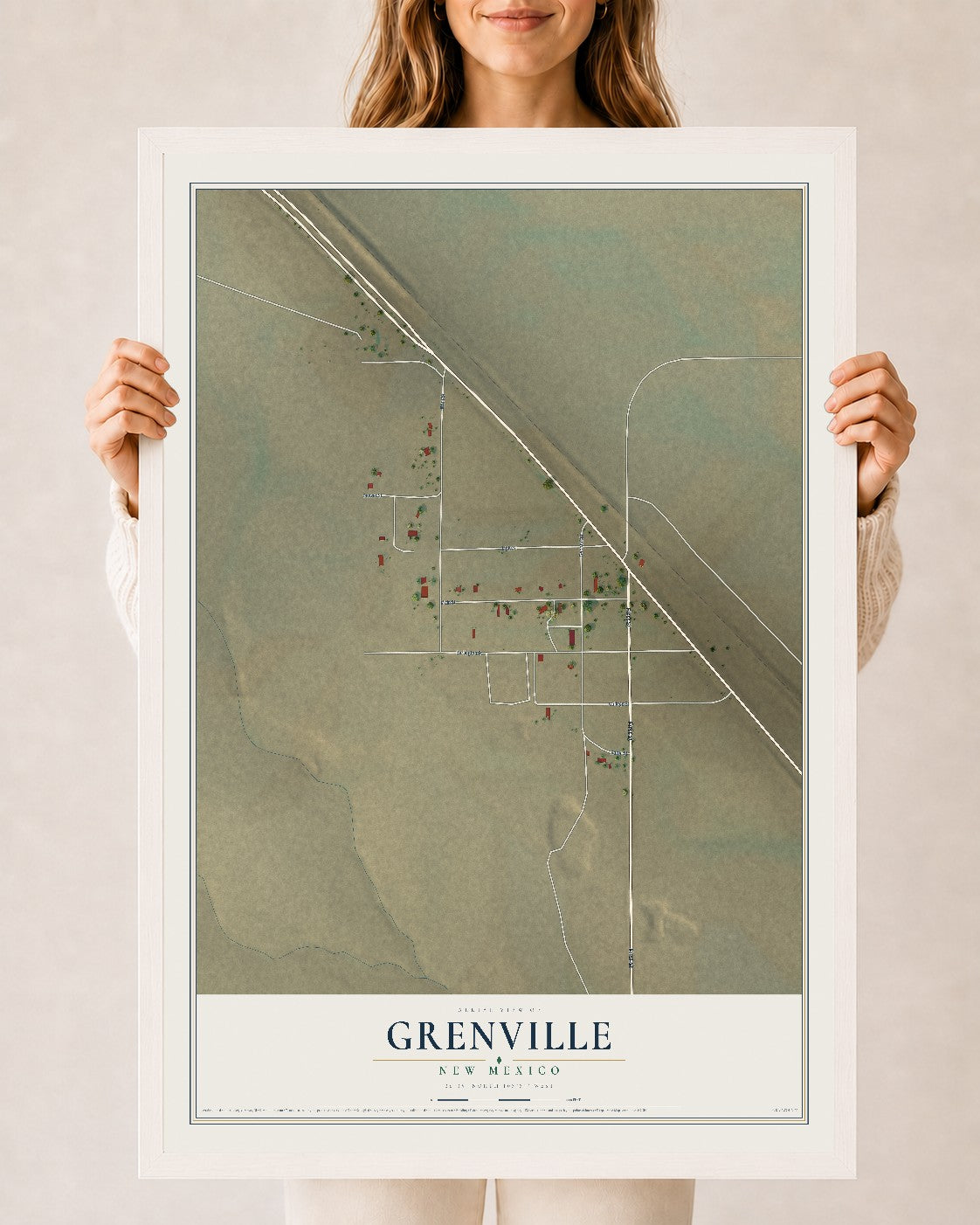 Map of Grenville, New Mexico, 24 x 36 inch print in a white wood frame