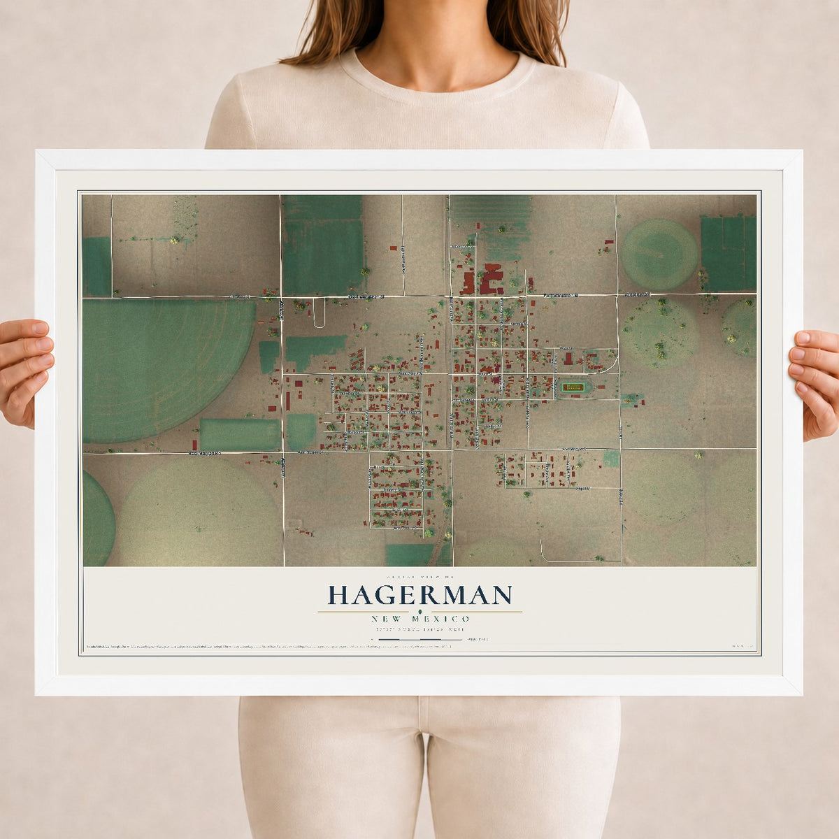 Map of Hagerman, New Mexico, 18 x 24 inch print in a white wood frame