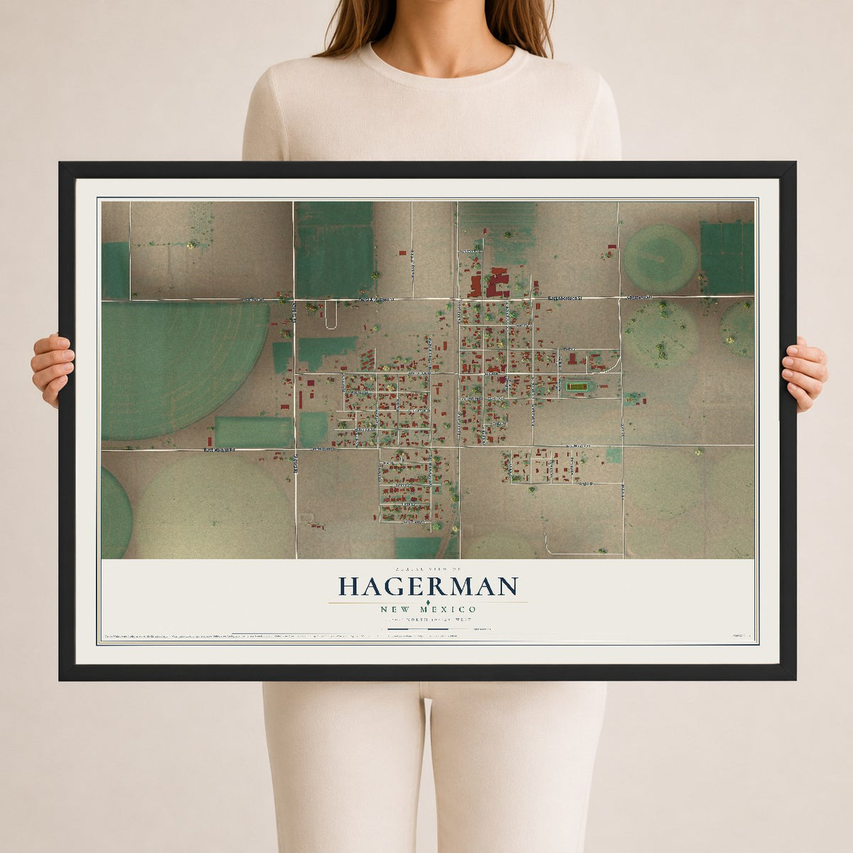 Map of Hagerman, New Mexico, 24 x 36 inch print in a black wood frame