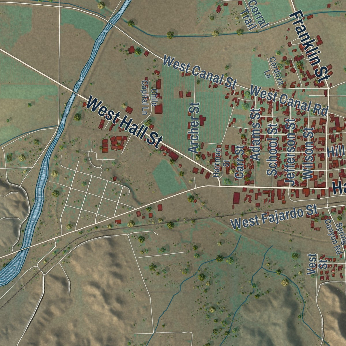 Second close-up of the map of Hatch, New Mexico print showing more streets and buildings