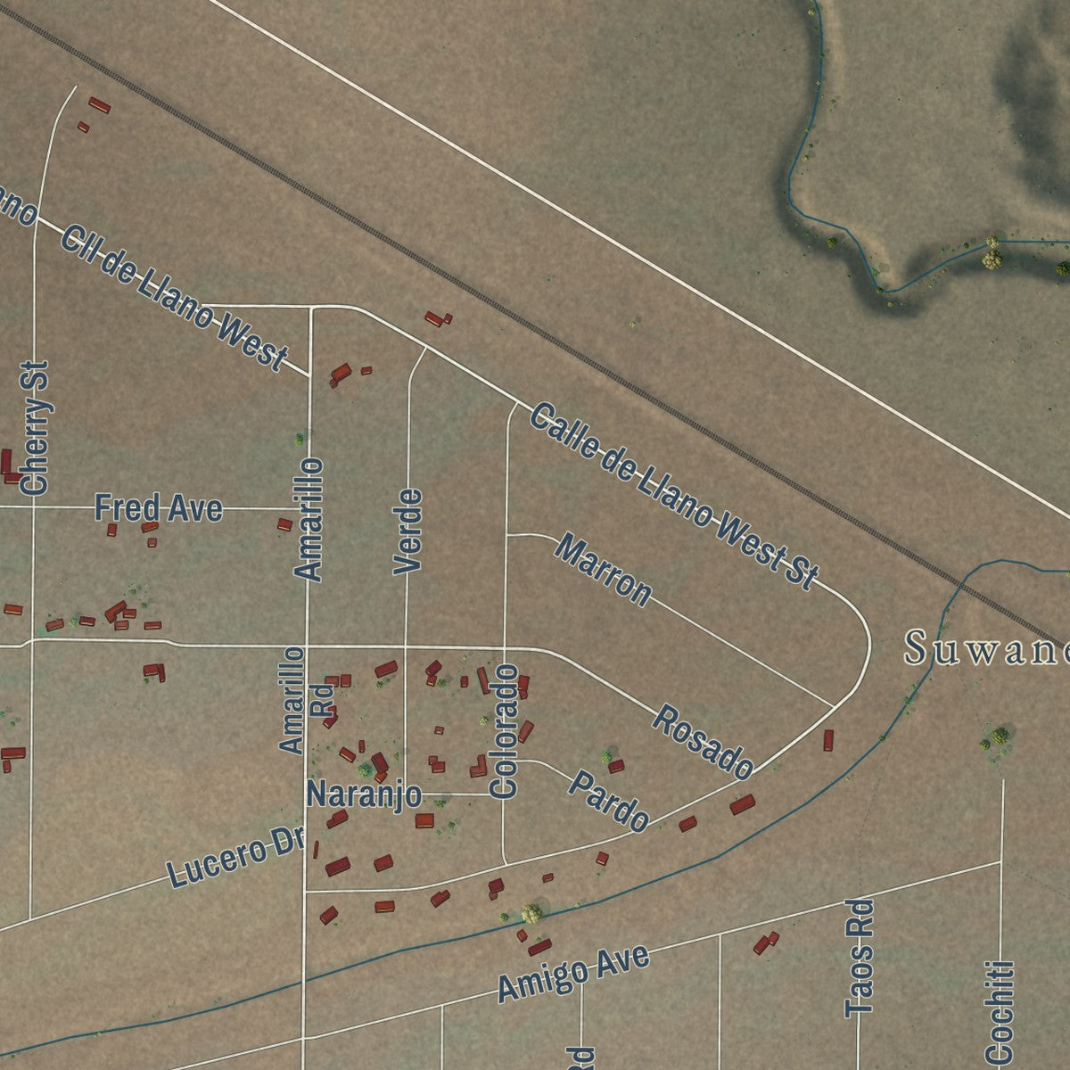 Close-up of the map of Highland Meadows, New Mexico print showing street and building detail