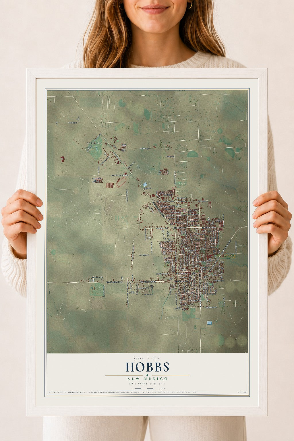 Map of Hobbs, New Mexico, 18 x 24 inch print in a white wood frame