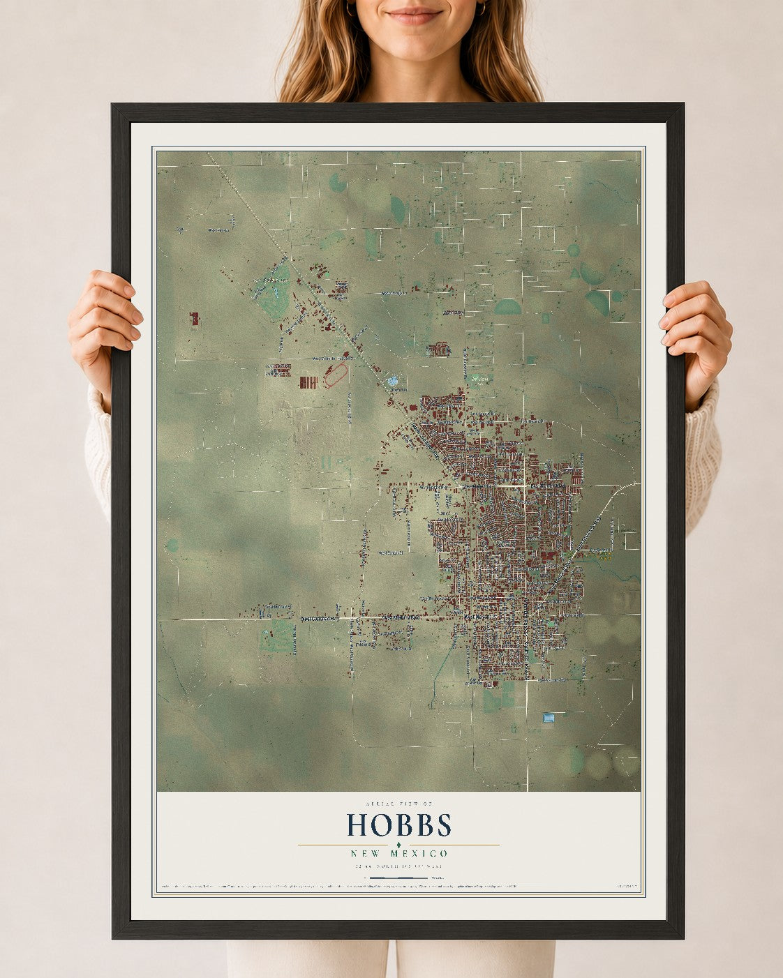 Map of Hobbs, New Mexico, 24 x 36 inch print in a black wood frame
