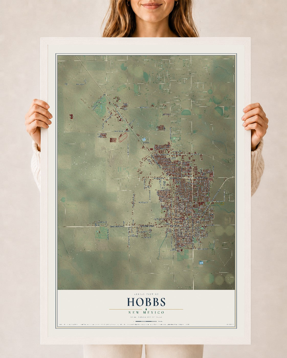 Map of Hobbs, New Mexico, 24 x 36 inch print in a white wood frame