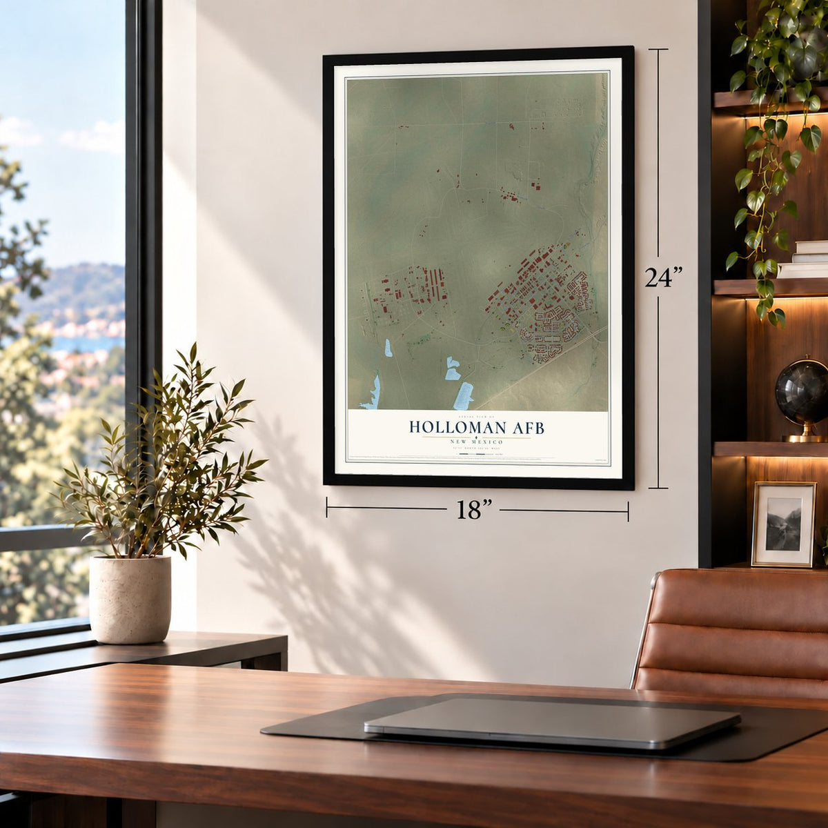 Holloman AFB, New Mexico map, 18 x 24 inch print in a black frame in a home office