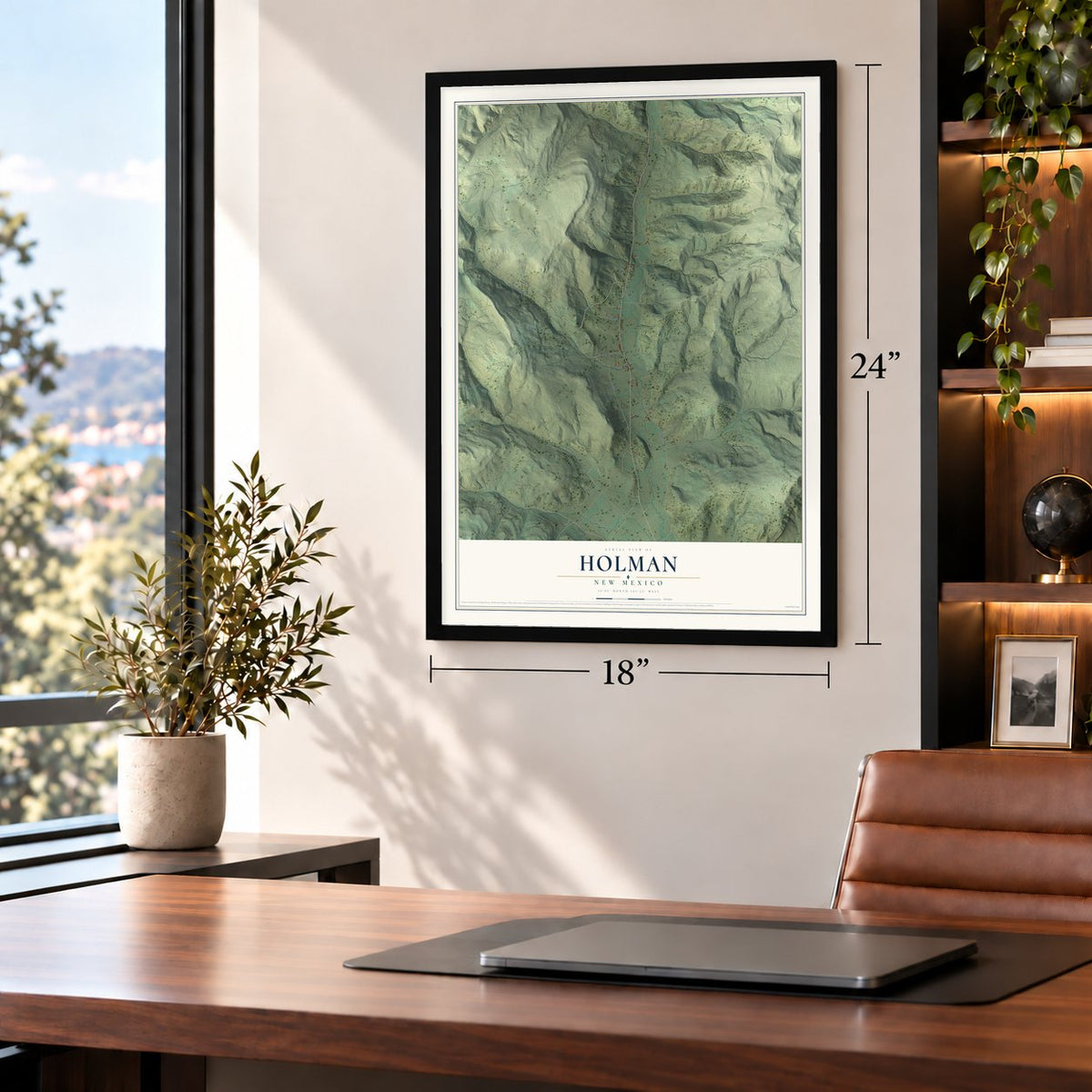 Holman, New Mexico map, 18 x 24 inch print in a black frame in a home office