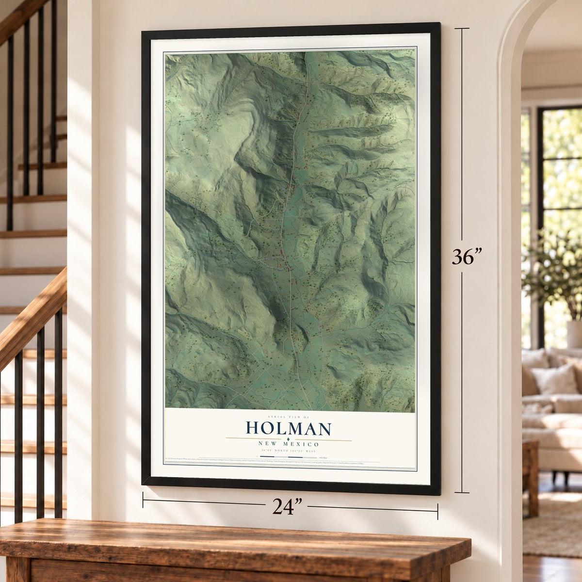 Holman, New Mexico map, 24 x 36 inch print in a black frame by a staircase