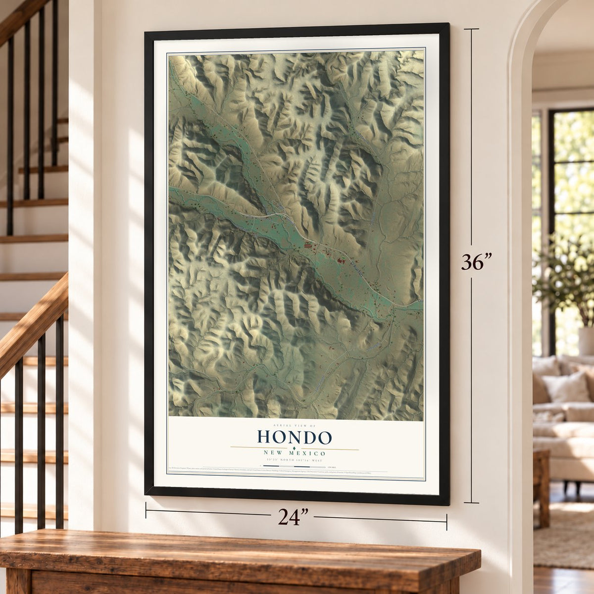Hondo, New Mexico map, 24 x 36 inch print in a black frame by a staircase