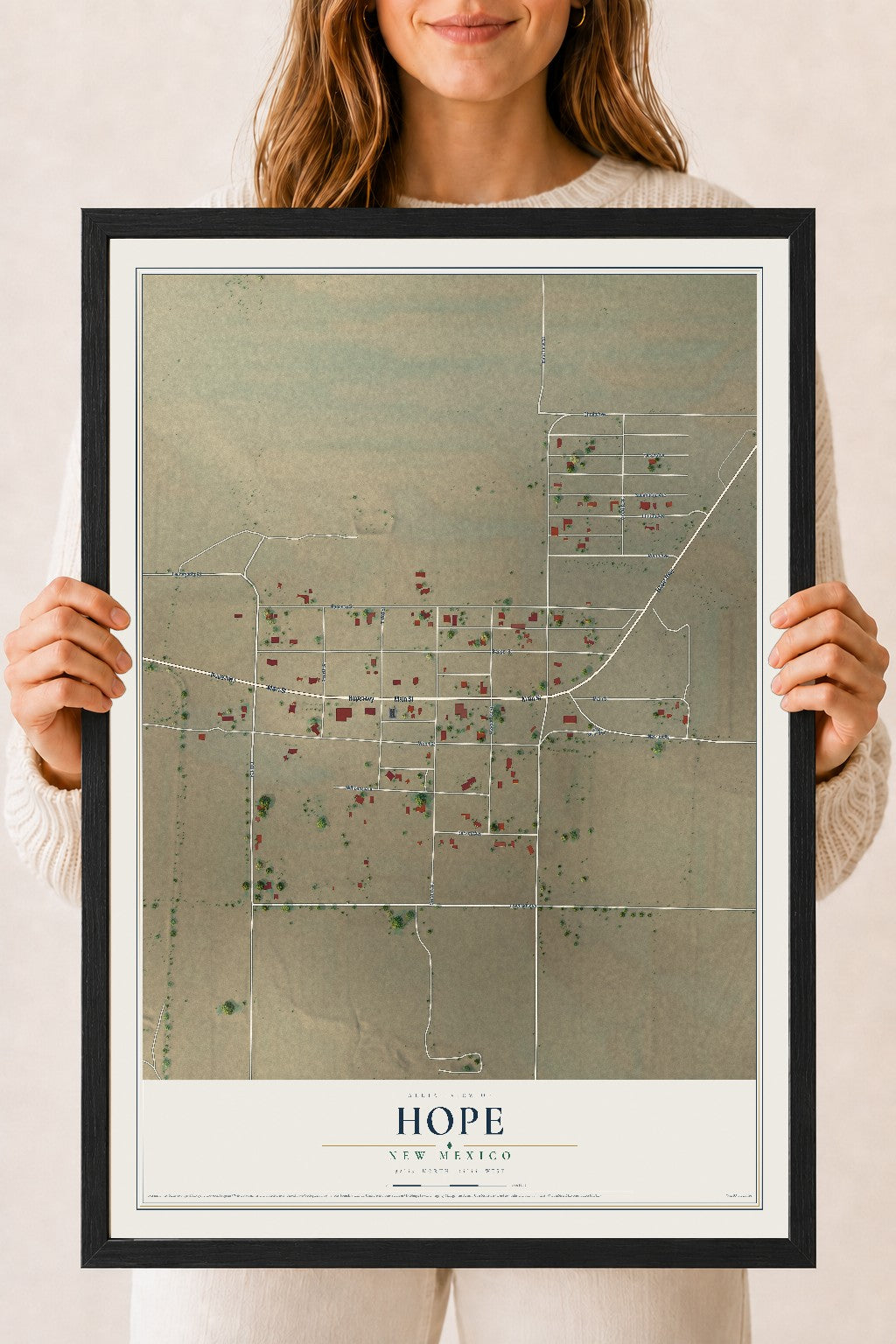 Map of Hope, New Mexico, 18 x 24 inch print in a black wood frame