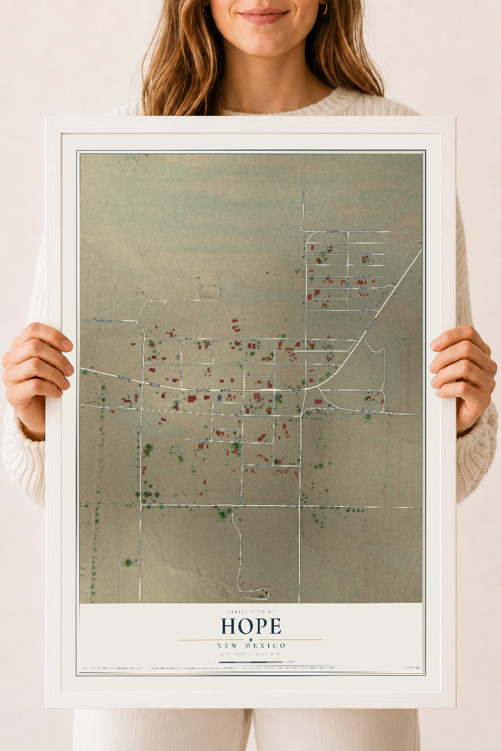 Map of Hope, New Mexico, 18 x 24 inch print in a white wood frame