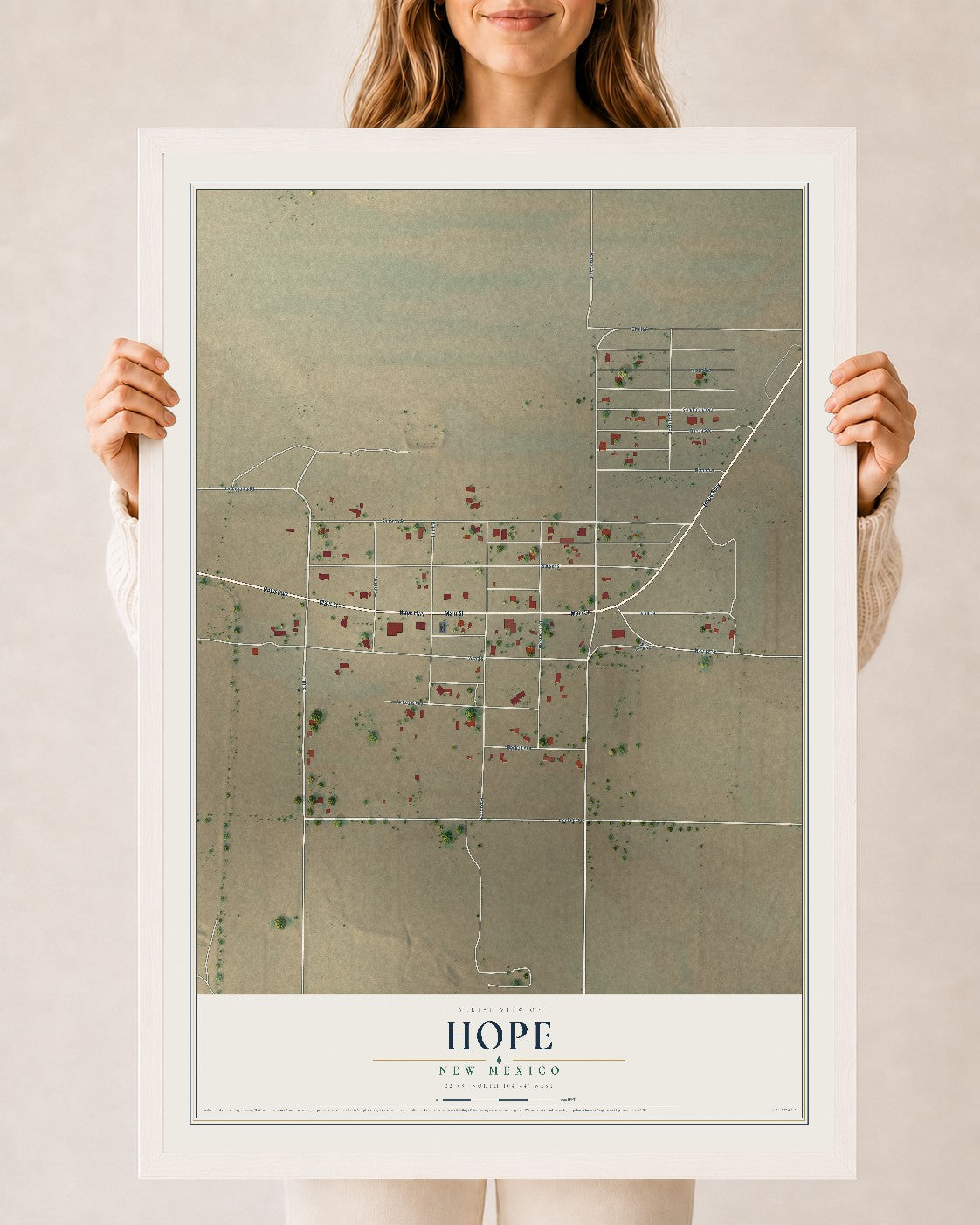Map of Hope, New Mexico, 24 x 36 inch print in a white wood frame